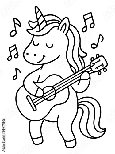 Musical Unicorn: A whimsical illustration of a unicorn serenading with a guitar, accompanied by musical notes, blending fantasy with the joy of music. 