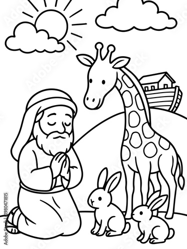Noah's Ark Illustration: A gentle illustration depicting Noah praying with animal, alongside with cloud, sun and the Ark. 