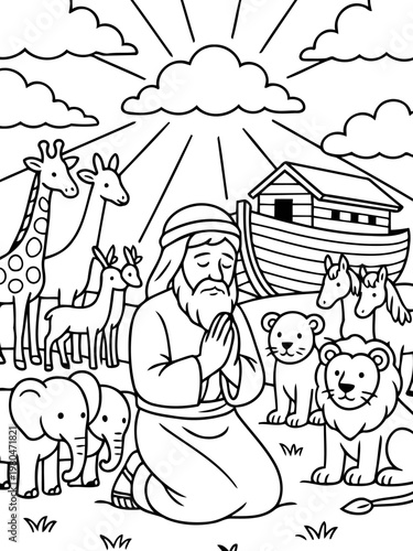 Noah's Ark: A black and white depiction of Noah praying with array of animals including lions, giraffe, deer, near an ark. under the bright sun
