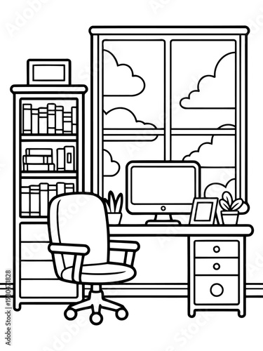Workplace illustration: A monochrome illustration presents an office interior, featuring a desk with a computer, chair, bookshelf, and window overlooking a tranquil outdoor view.