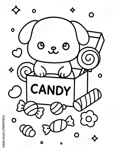 Cute Pup's Candy Delight: An adorable puppy peers out from a box overflowing with colorful candies, radiating joy and sweetness in this playful illustration. 