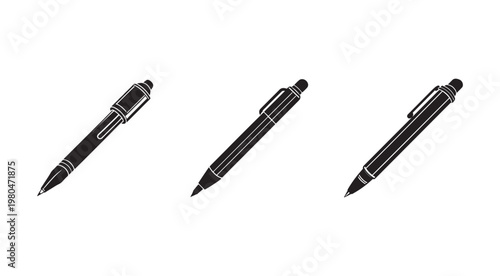 Three black pens with white outlines on white background  office supplies  writing instruments