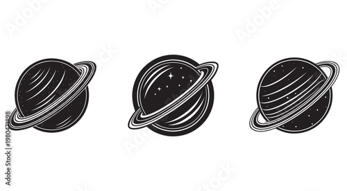 Three black planet icons with rings and stars on white background  isolated celestial bodies
