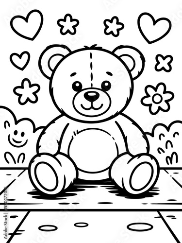 Teddy Bear's Daydream: An illustrated teddy bear sits in a delightful scene, surrounded by hearts and flowers, lost in a world of sweet imagination.
