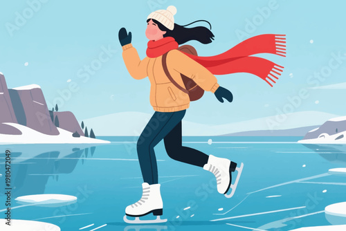 Illustration Of A Young Woman Ice Skating On A Frozen Lake In A Winter Scene Vector Design Template