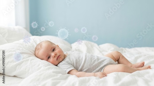 Baby is on a white bed with a light blue wall behind, observing germs floating nearby