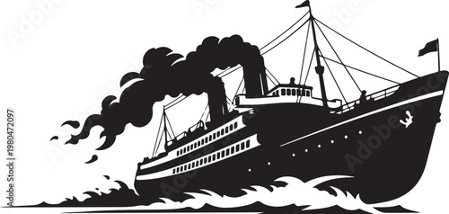 Vintage ocean liner, steamship vector, black and white illustration, nautical icon