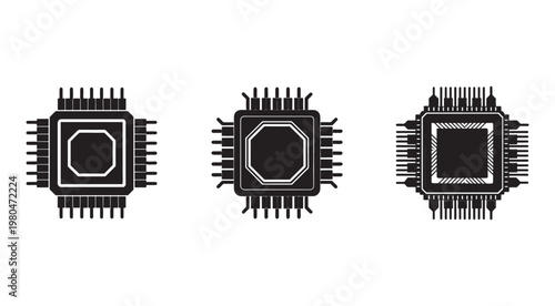 Three different microchip designs with various pin configurations and inner shapes on white background  microchips  electronic components
