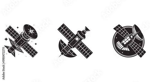 Three different space satellites in various designs and orientations in space  spacecraft exploration technology