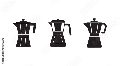 Three espresso coffee maker pot silhouettes in a row on white background  coffee makers with lids and handles