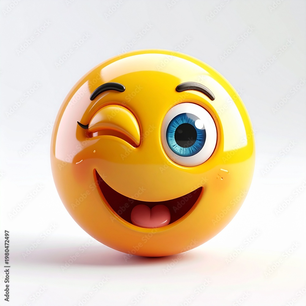 Fototapeta premium 3d yellow smiling emoji face with winking eye on white background