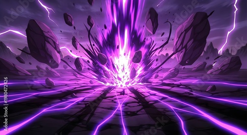 Epic anime energy beam erupting from cracked ground with glowing purple electricity and floating stones