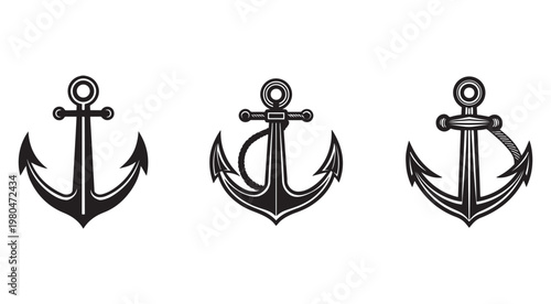 Three nautical anchor icons in different designs and styles for maritime and shipping concepts  vector graphics