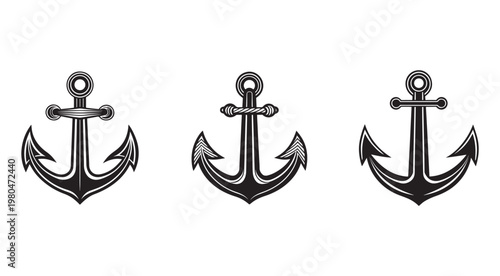 Three nautical anchors with rope and rings on white background for maritime or symbol use  ship anchors