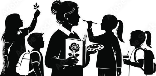 Art class silhouette students and teacher in a creative learning environment