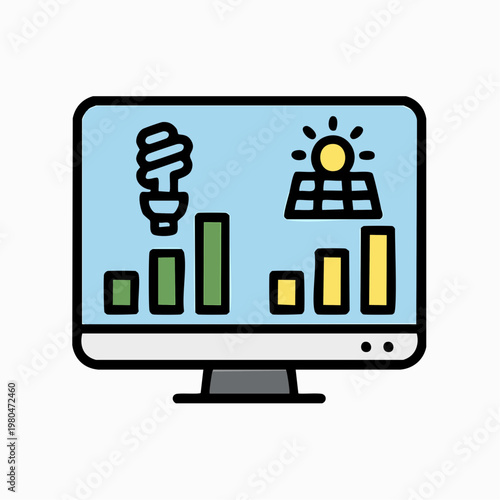 Energy analytics monitor showing bulb and solar power consumption data on computer screen.