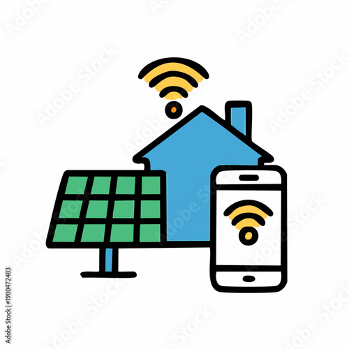 Wireless smart home connected to solar panels and smartphone for remote energy control.