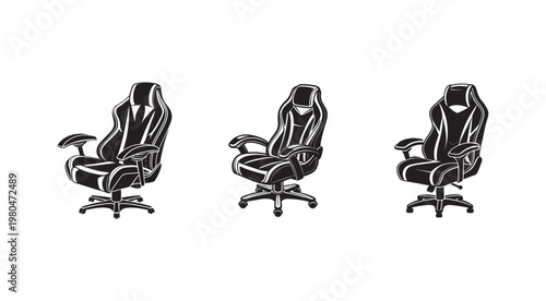 Three office chairs in a row with wheels and armrests in black and white line art style on a plain white background