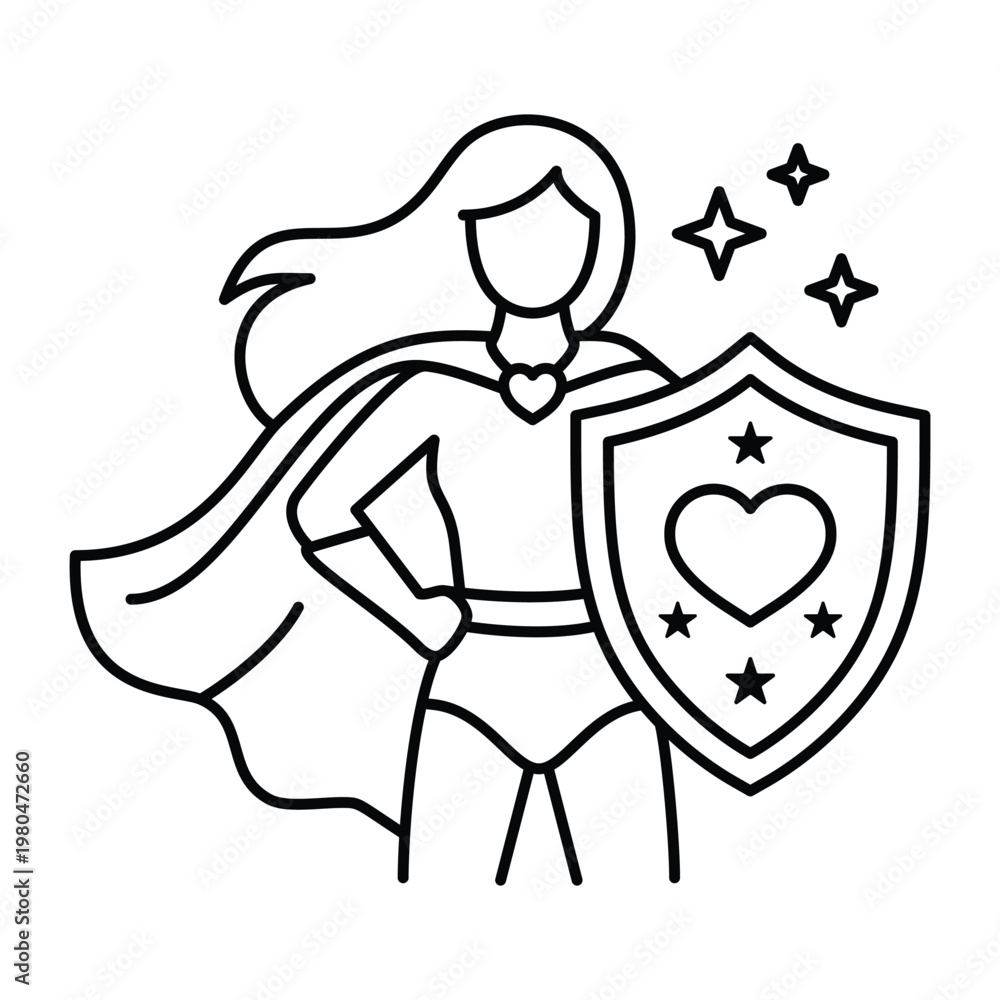 Fototapeta premium Female superhero standing, woman leader with waving cape, large shield containing heart, star symbols for feminism empowerment campaign line icon