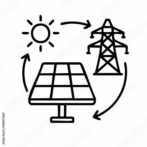 Solar grid cycle with panels and electricity pylon for renewable energy transmission network.