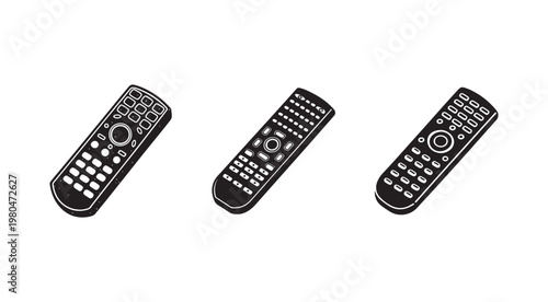 Three remote controls with various buttons and designs on white background for electronics or technology concepts