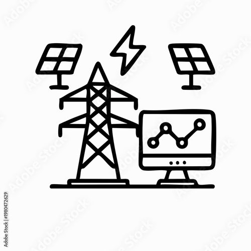 Power grid monitor with solar panels and computer screen for electricity data analytics.