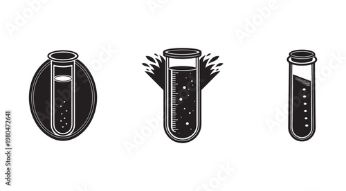 Three test tubes with dark liquid and bubbles  laboratory equipment for experiments and chemical reactions