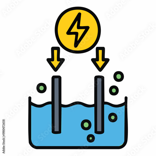 Scientific illustration of electrolysis showing electrical energy converting into chemical energy in a liquid medium with two electrodes