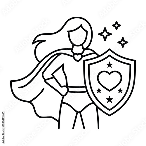 Female superhero standing, woman leader with waving cape, large shield containing heart, star symbols for feminism empowerment campaign line icon