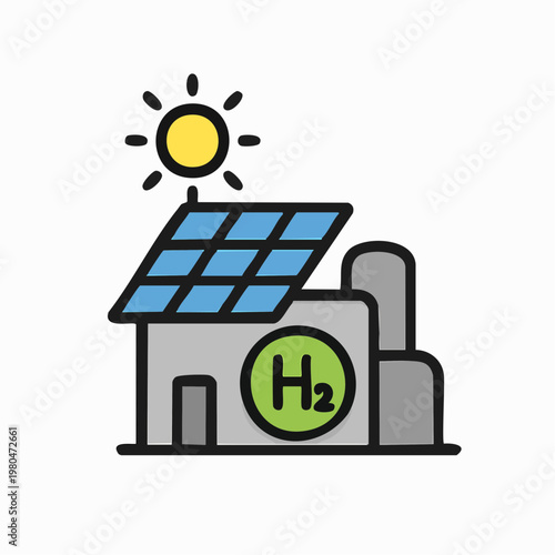 Solar powered hydrogen production facility symbol representing renewable energy and clean fuel technology