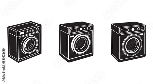 Three washing machines in a row with white outlines on black bodies and white background
