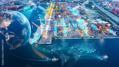 Futuristic container cargo ship terminal AI integrated artificial intelligence digital network systems. Conceptual global logistics featuring satellite communication, secure data management
