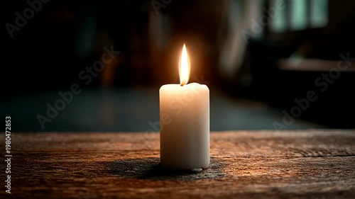 Candle glowing softly on wooden table in dim room