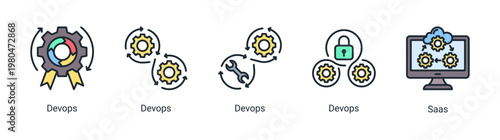 DevOps integration icon set featuring cloud saas,system workflow and continuous deployment for scalable infrastructure