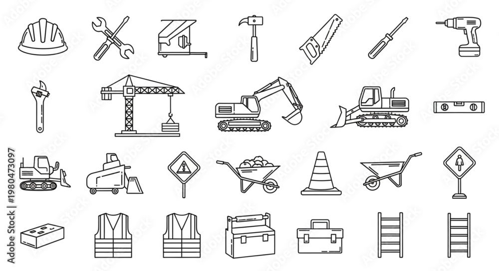 Fototapeta premium Construction tools and equipment illustration, a comprehensive collection of various instruments.