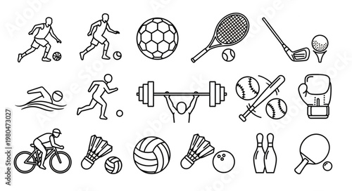 Collection of various sports icons and symbols in black and white.
