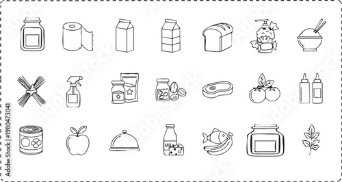Assorted everyday household and grocery items illustrated in a simple line drawing style