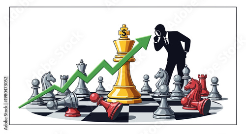 Business strategy concept chess pieces and growing financial arrow