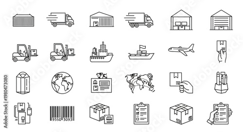 Collection of various transportation and logistics related icons in black and white.