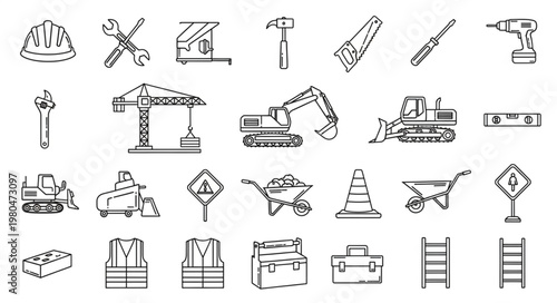 Construction tools and equipment illustration, a comprehensive collection of various instruments.