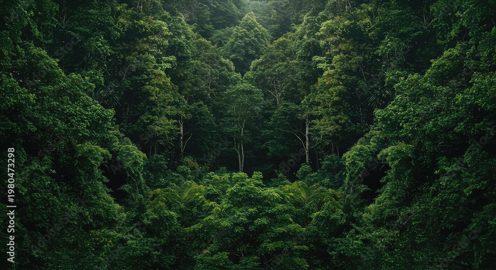 Fototapeta premium Expansive view of dense, overlapping jungle foliage creating an overwhelming, textured backdrop extending far into the distance, tropical, green, depth