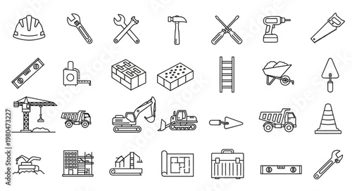 Construction tools and equipment icons, representing building and industry elements.