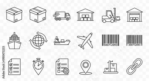 Collection of various transportation and logistics icons for shipping and delivery.