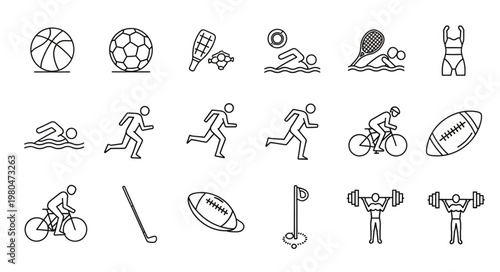 Collection of various sports icons in simple line art style.