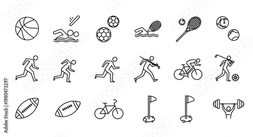 Collection of various sports icons and symbols in black and white.
