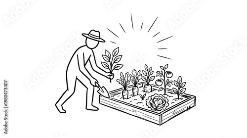 Gardener Tending to a Raised Bed Vegetable Garden