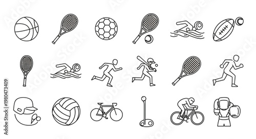 Collection of various sports equipment and athletes in simple line art style.