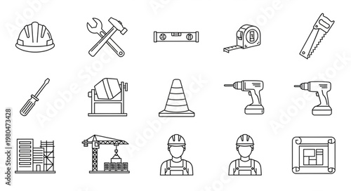 Construction tools and equipment icons, representing building and industry work.