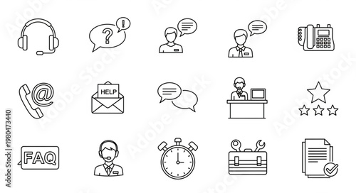 Customer service and support icons representing communication and assistance concepts.