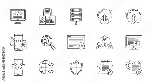 Collection of various technology and software development icons.